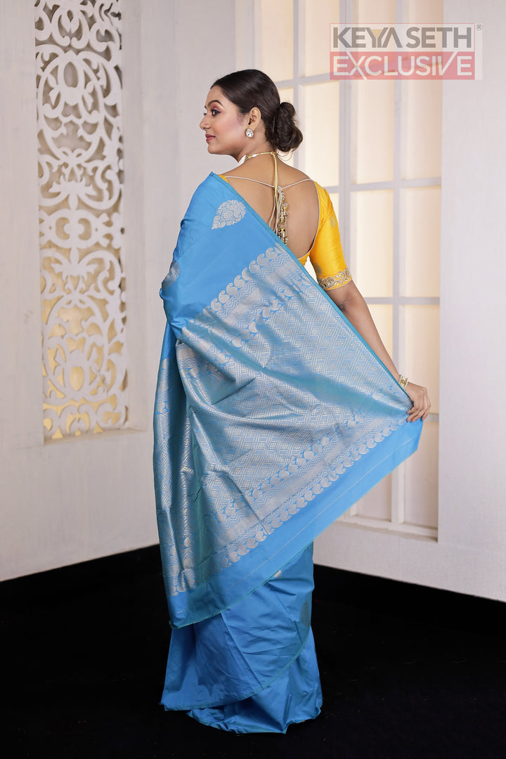 Blue Borderless Kanjivaram Silk Saree - Keya Seth Exclusive