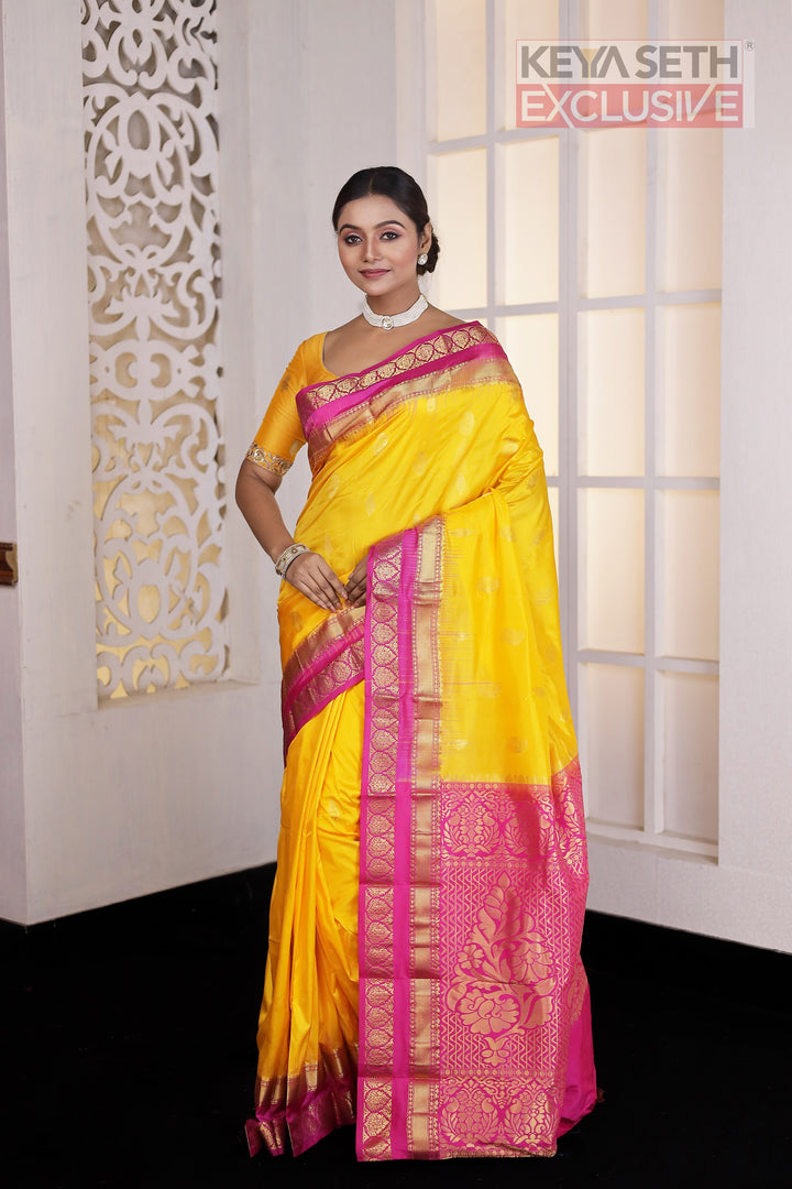 Yellow Pink Pure Silk Kanjivaram Saree - Keya Seth Exclusive