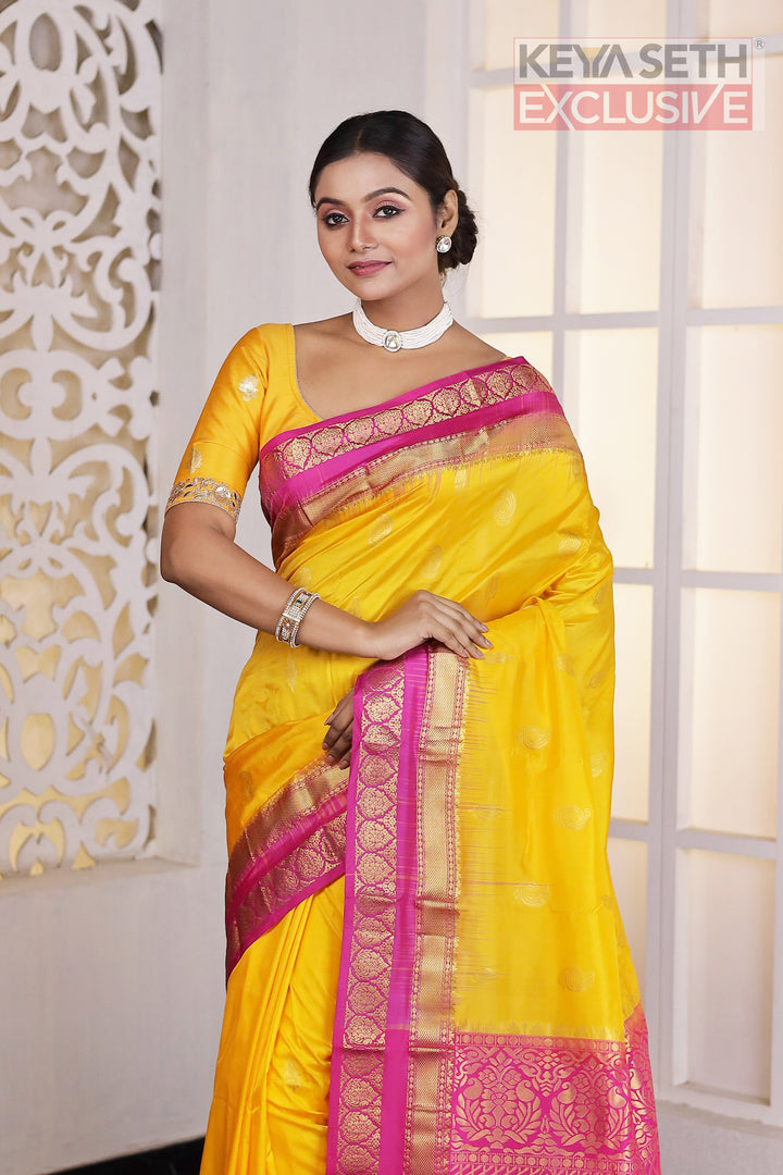 Yellow Pink Pure Silk Kanjivaram Saree - Keya Seth Exclusive