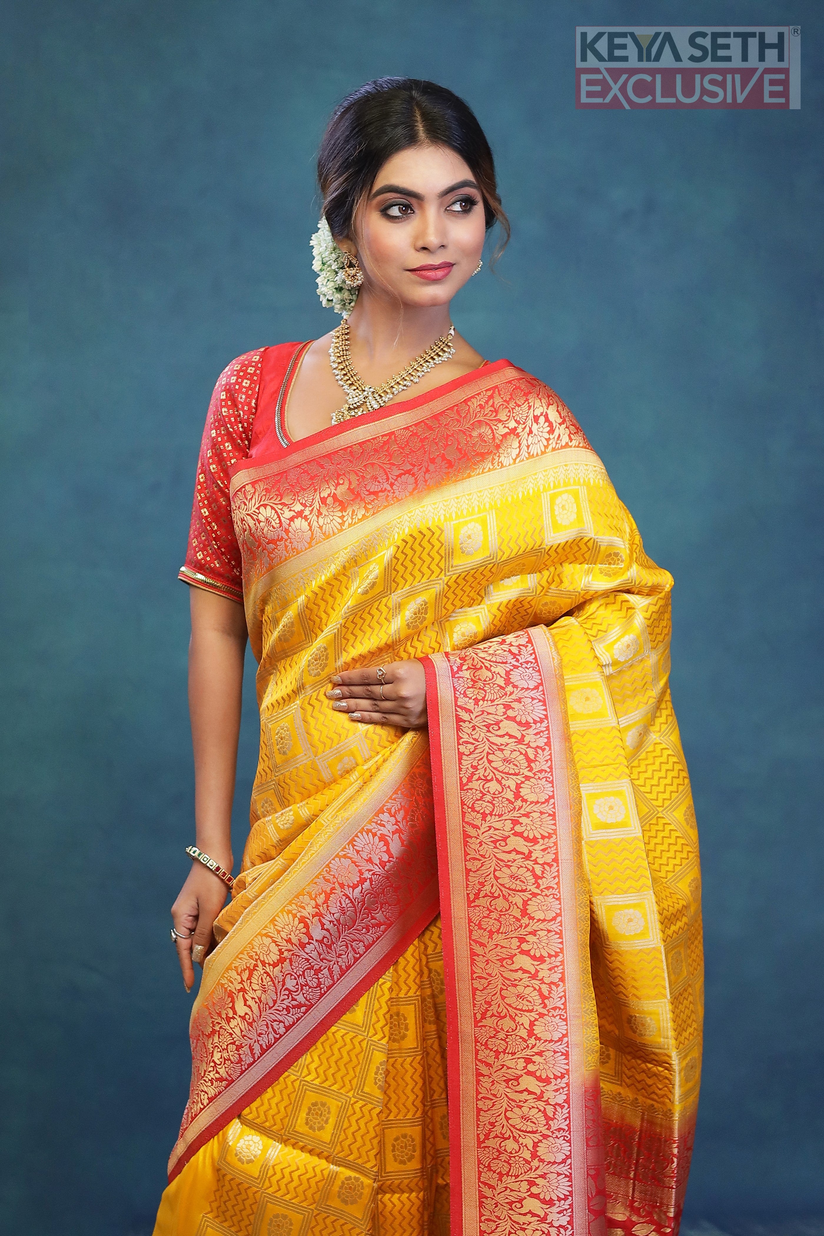 Yellow Dupion Silk Saree with Red Border - Keya Seth Exclusive