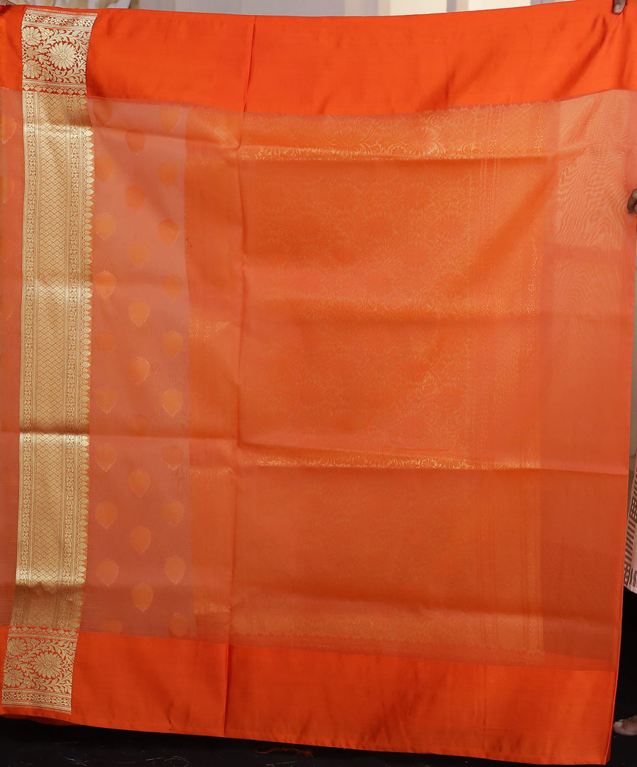Off-white Soft Tissue Saree with Orange Satin border - Keya Seth Exclusive