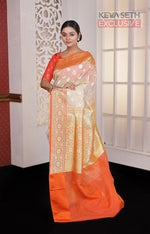 Load image into Gallery viewer, Off-white Soft Tissue Saree with Orange Satin border - Keya Seth Exclusive