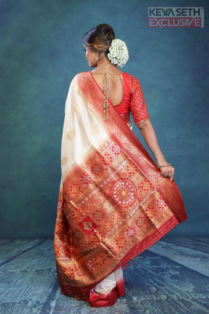 Off-white and Red Dola Silk Saree - Keya Seth Exclusive