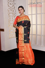 Load image into Gallery viewer, Black and Orange Pure Silk Kanjivaram Saree - Keya Seth Exclusive