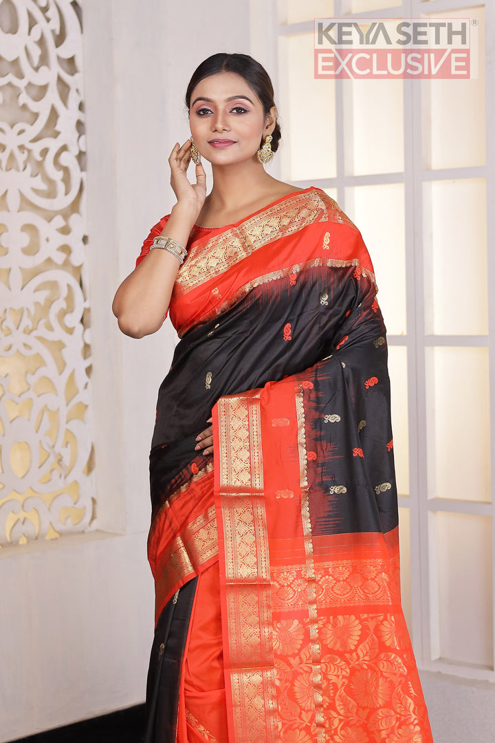 Black and Orange Pure Silk Kanjivaram Saree - Keya Seth Exclusive