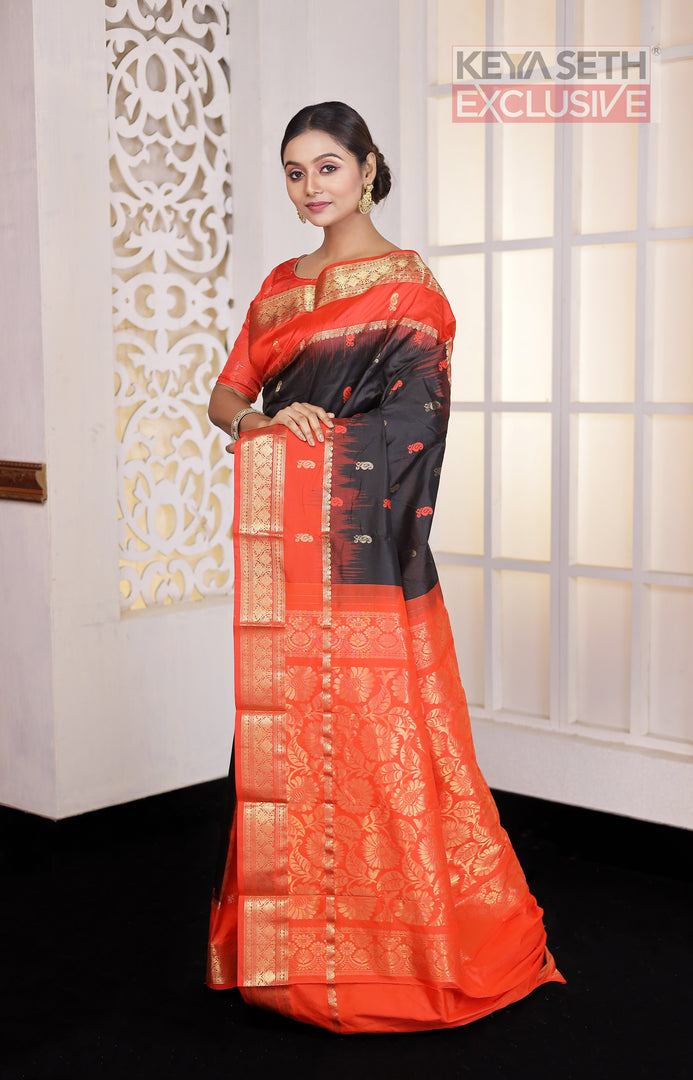 Black and Orange Pure Silk Kanjivaram Saree - Keya Seth Exclusive