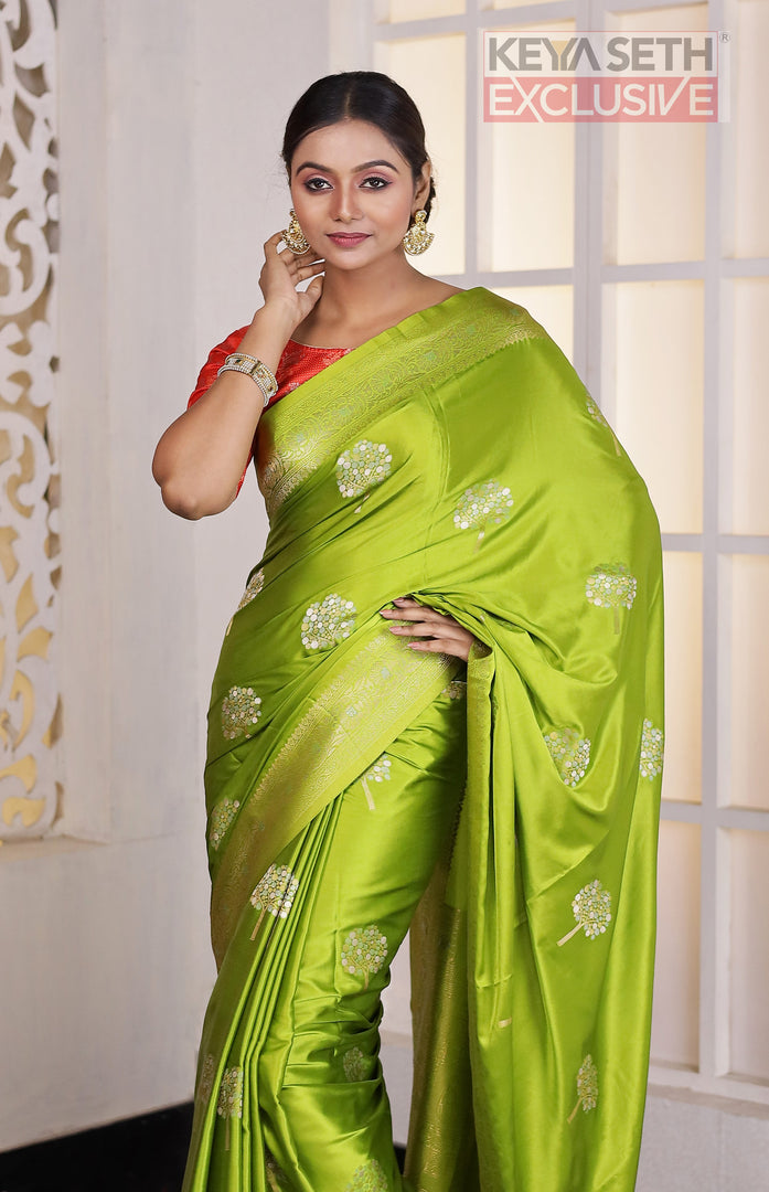 Leaf Green Satin Silk Saree - Keya Seth Exclusive