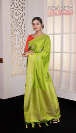 Load image into Gallery viewer, Leaf Green Satin Silk Saree - Keya Seth Exclusive