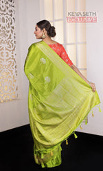 Load image into Gallery viewer, Leaf Green Satin Silk Saree - Keya Seth Exclusive