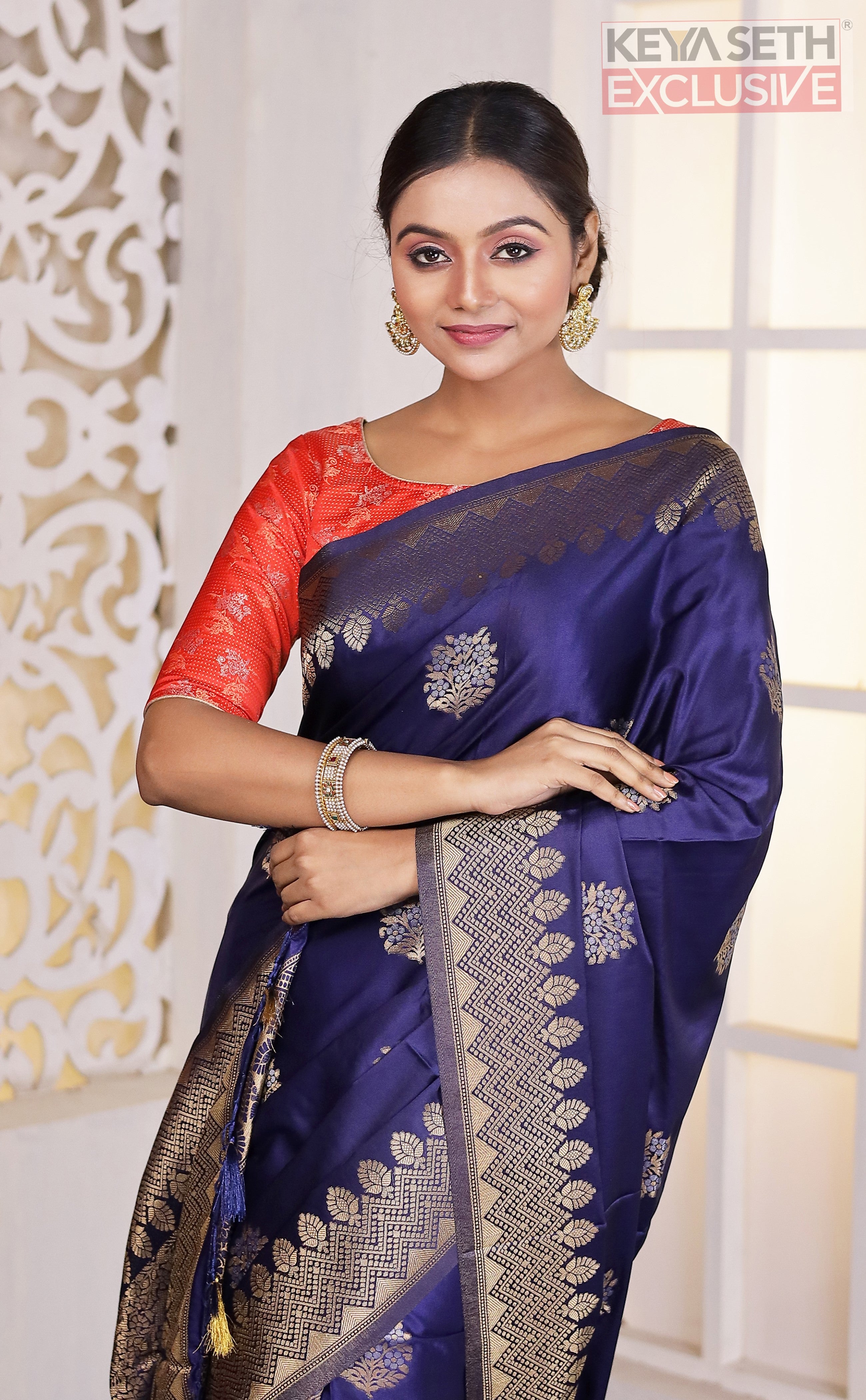 Navy Blue Satin Silk Saree - Keya Seth Exclusive