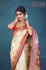 Load image into Gallery viewer, Off-white and Maroon Dola Silk Saree - Keya Seth Exclusive
