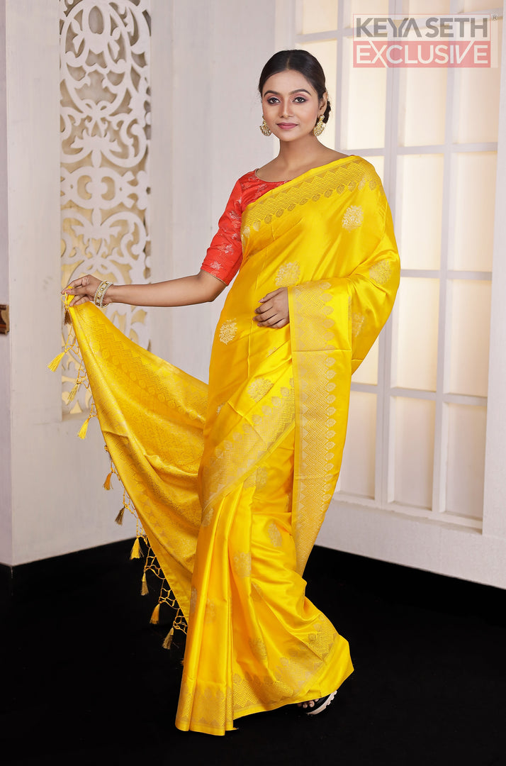 Yellow Satin Silk Saree - Keya Seth Exclusive