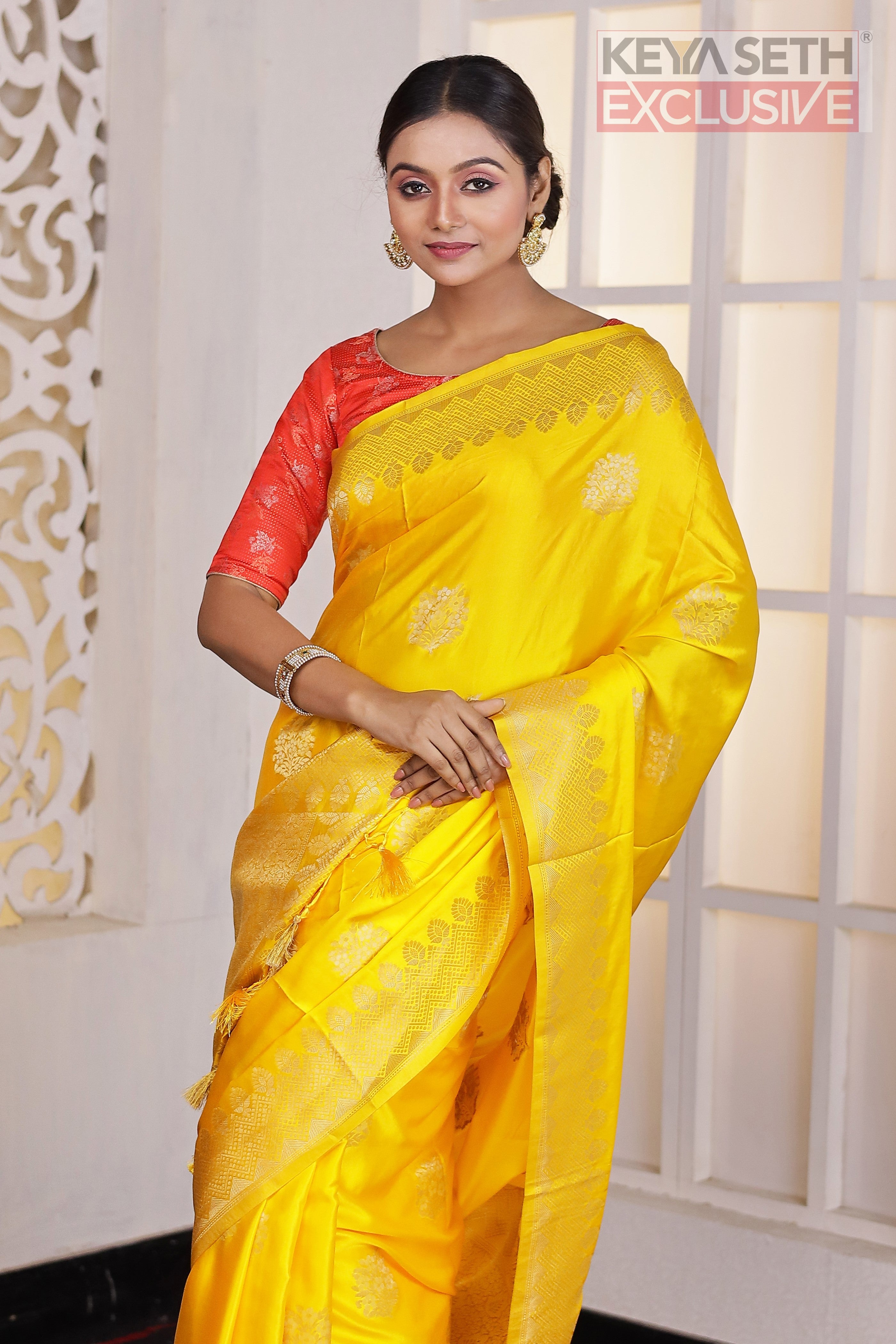 Yellow Satin Silk Saree - Keya Seth Exclusive