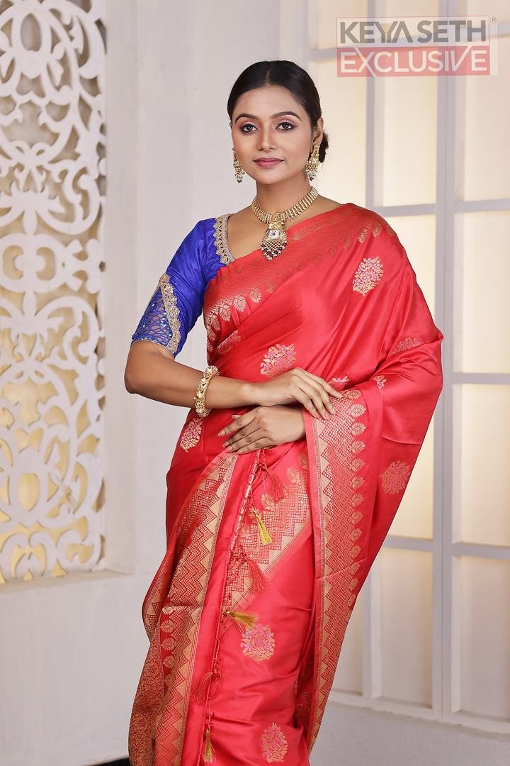 Red Satin Silk Saree - Keya Seth Exclusive