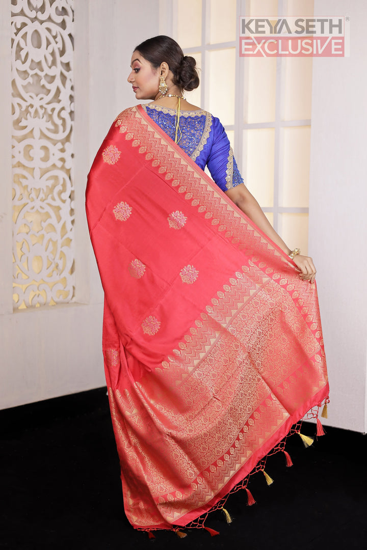 Red Satin Silk Saree - Keya Seth Exclusive