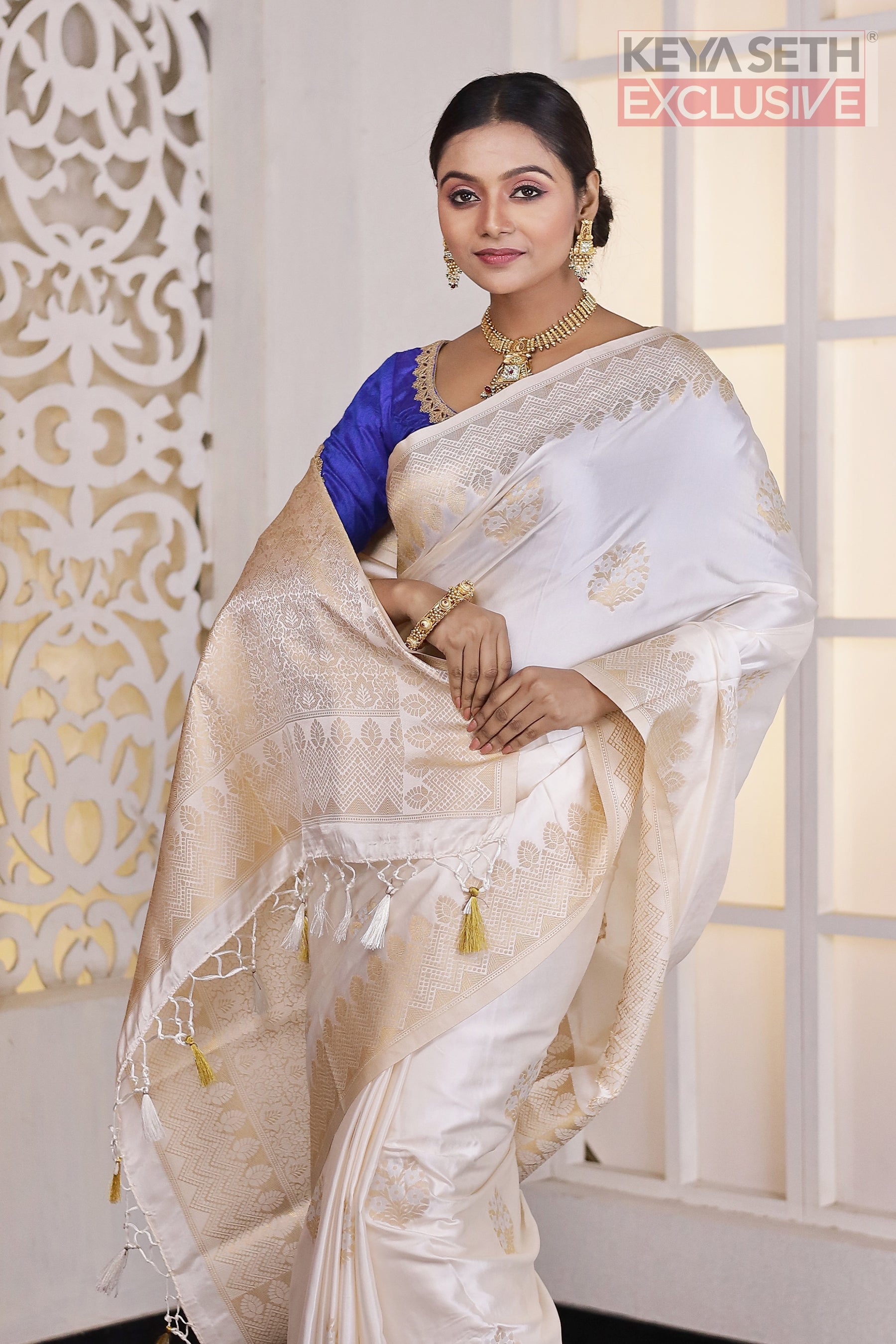 White Satin Silk Saree - Keya Seth Exclusive