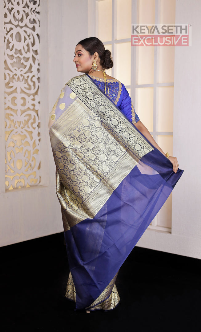 Off-white Soft Tissue Saree with Navy Blue Satin border - Keya Seth Exclusive