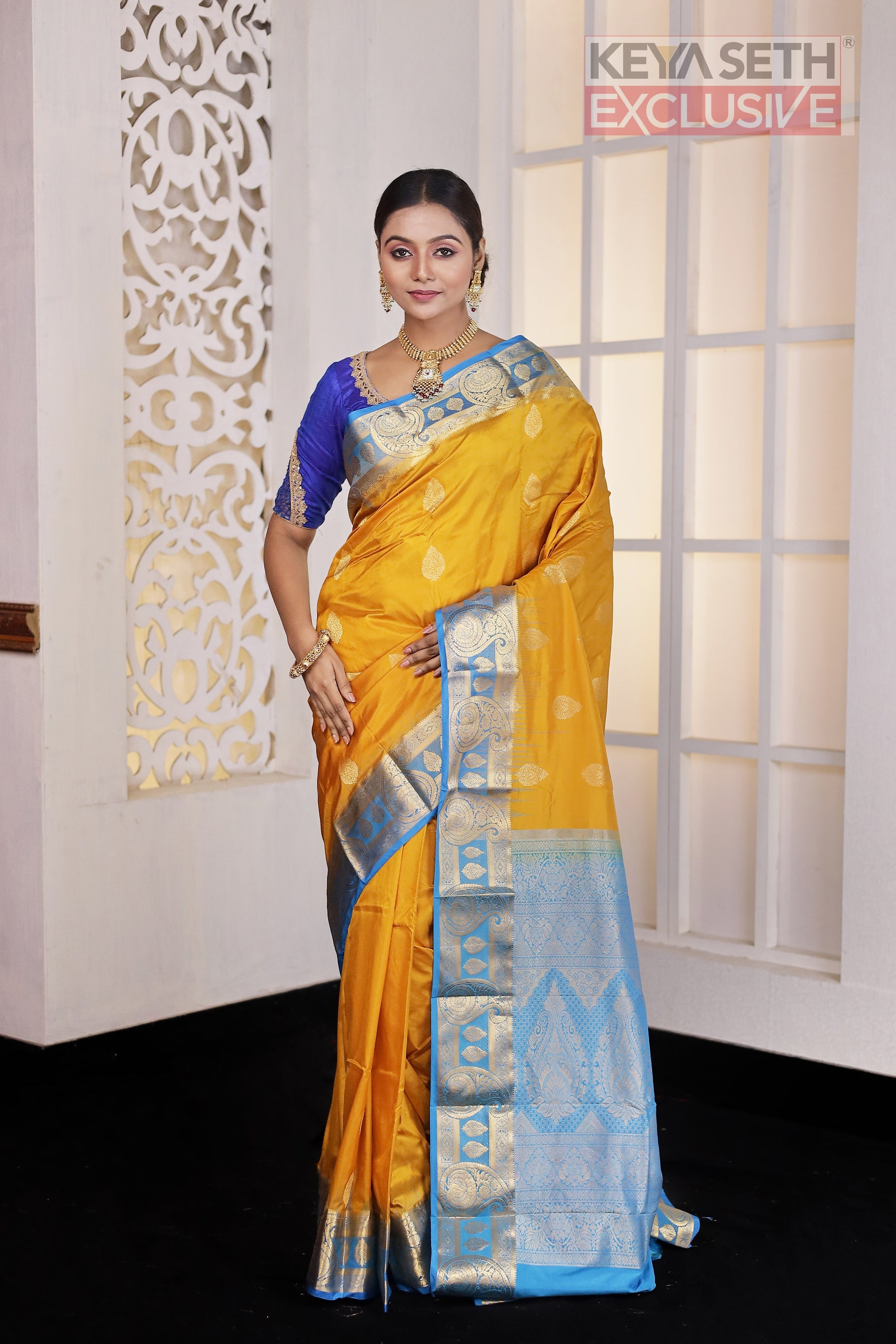 Yellow and Blue Pure Silk Kanjivaram Saree - Keya Seth Exclusive