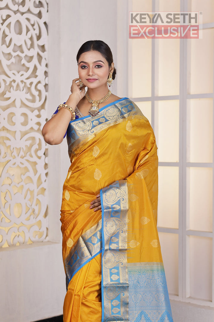 Yellow and Blue Pure Silk Kanjivaram Saree - Keya Seth Exclusive