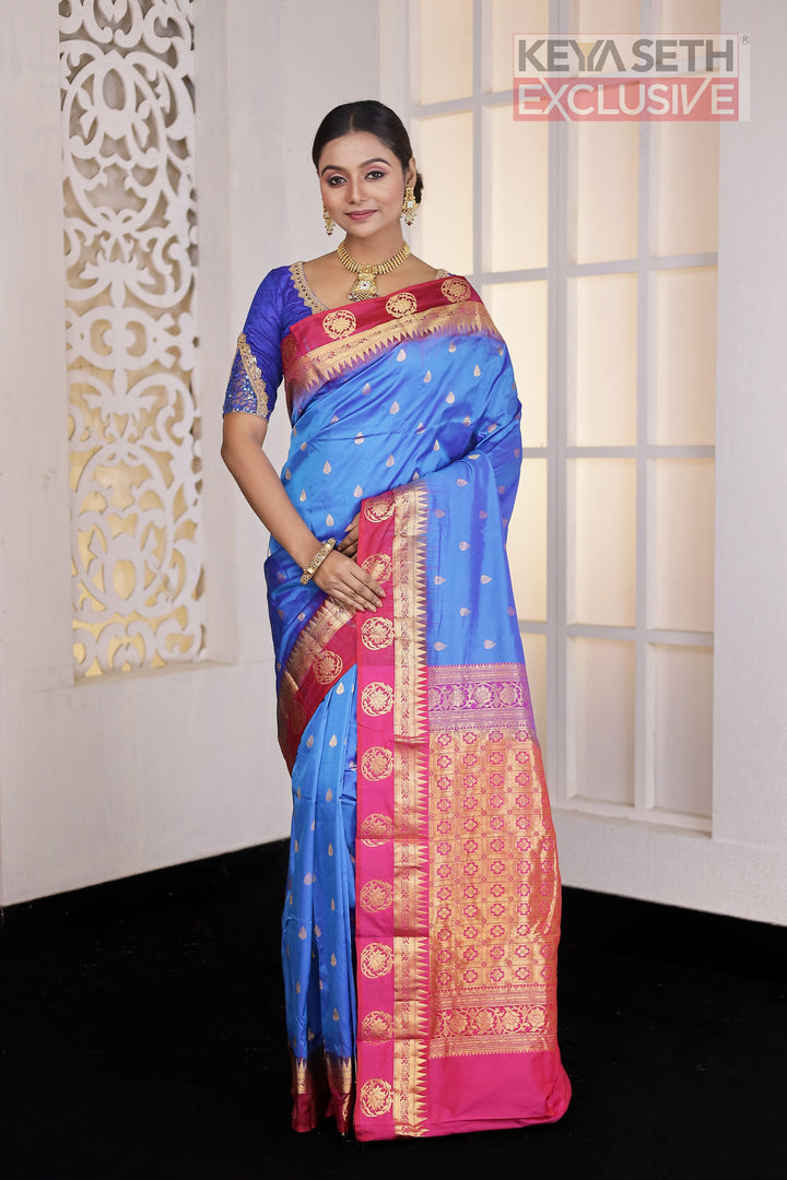 Royal Blue and Pink Pure Silk Kanjivaram Saree - Keya Seth Exclusive