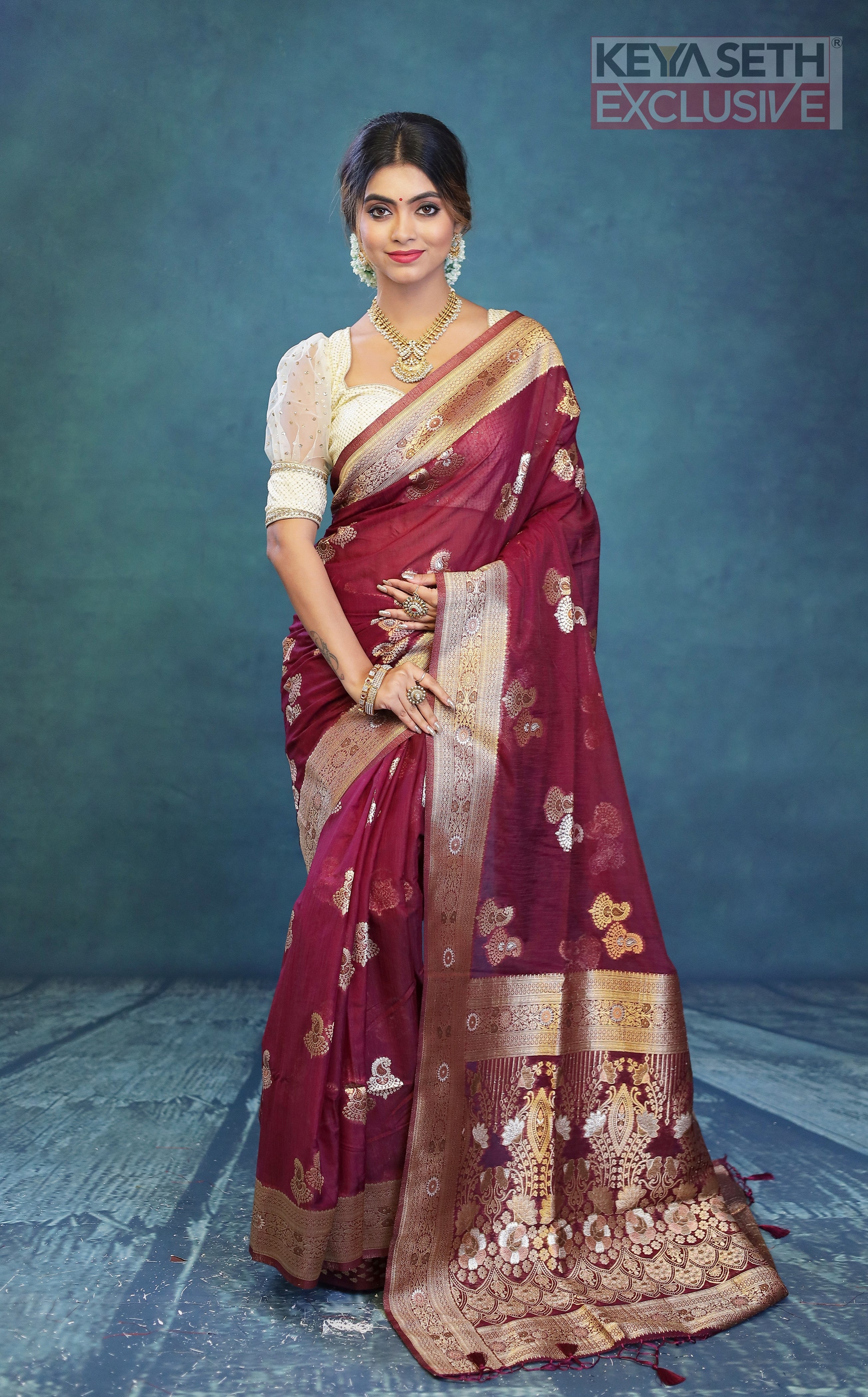 Designer Wine Art Silk Saree - Keya Seth Exclusive