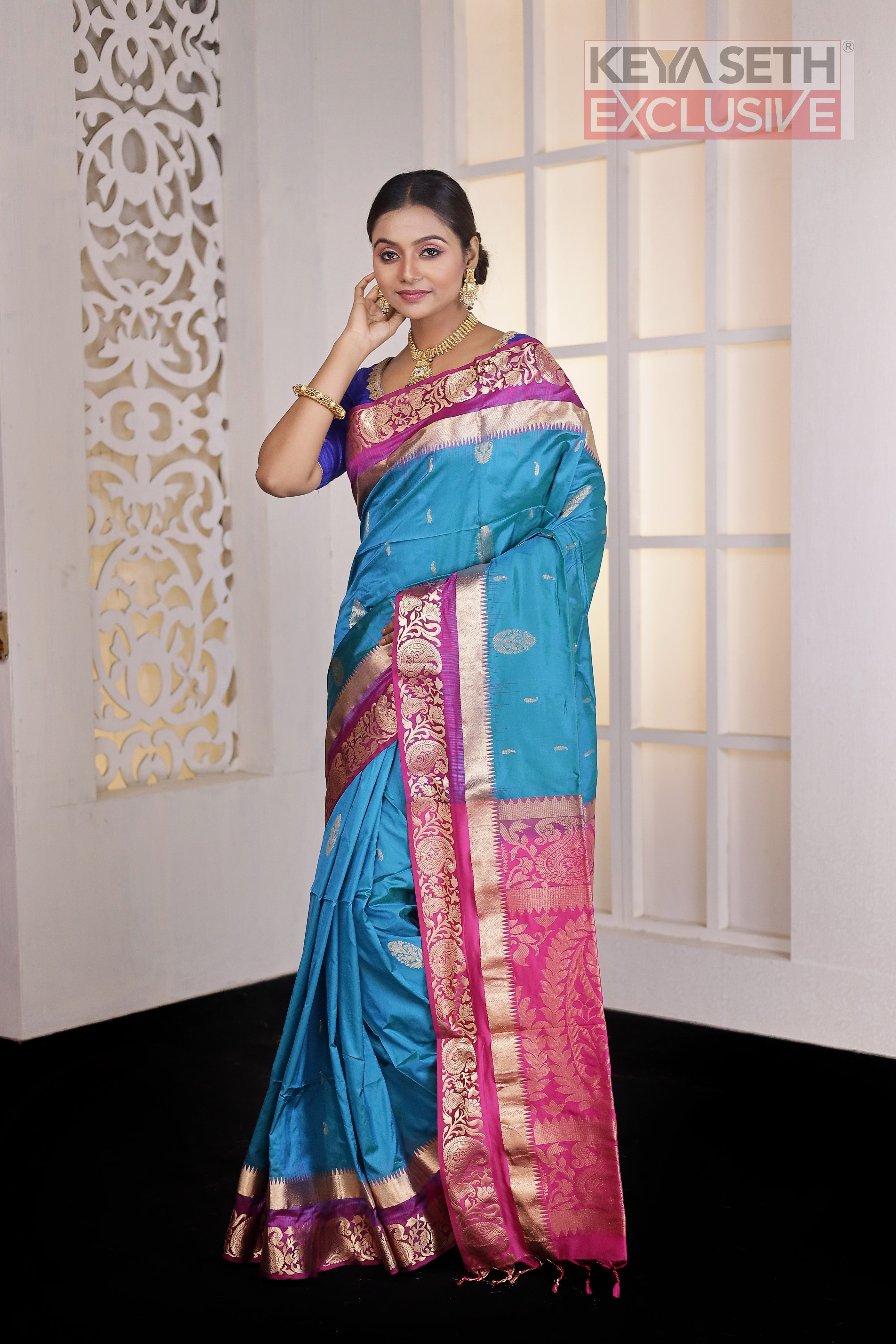 Blue and Mauve Pure Silk Kanjivaram Saree - Keya Seth Exclusive