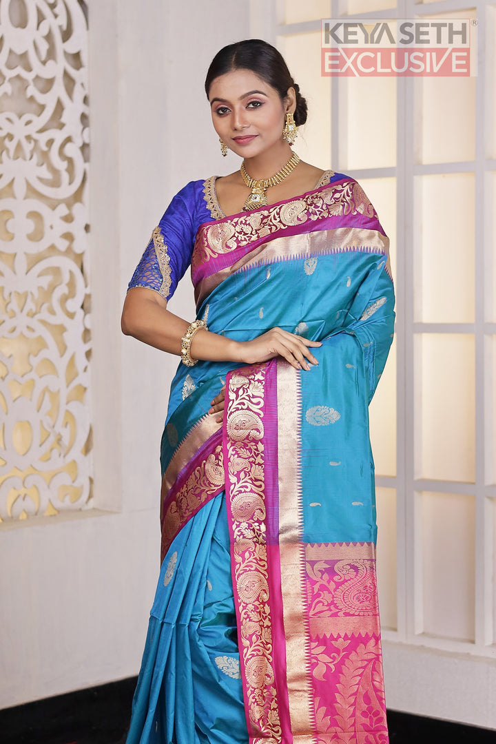Blue and Mauve Pure Silk Kanjivaram Saree - Keya Seth Exclusive