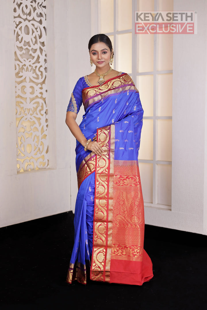 Royal Blue and red Pure Silk Kanjivaram Saree - Keya Seth Exclusive