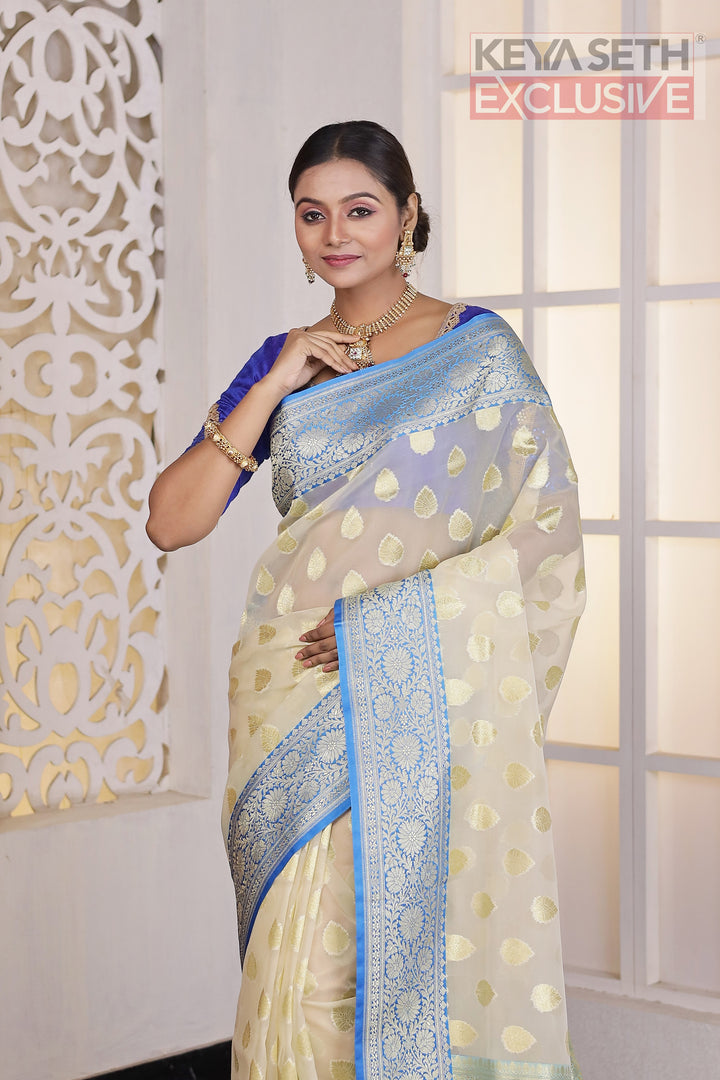 Off-white Soft Tissue Saree with Blue Satin border - Keya Seth Exclusive