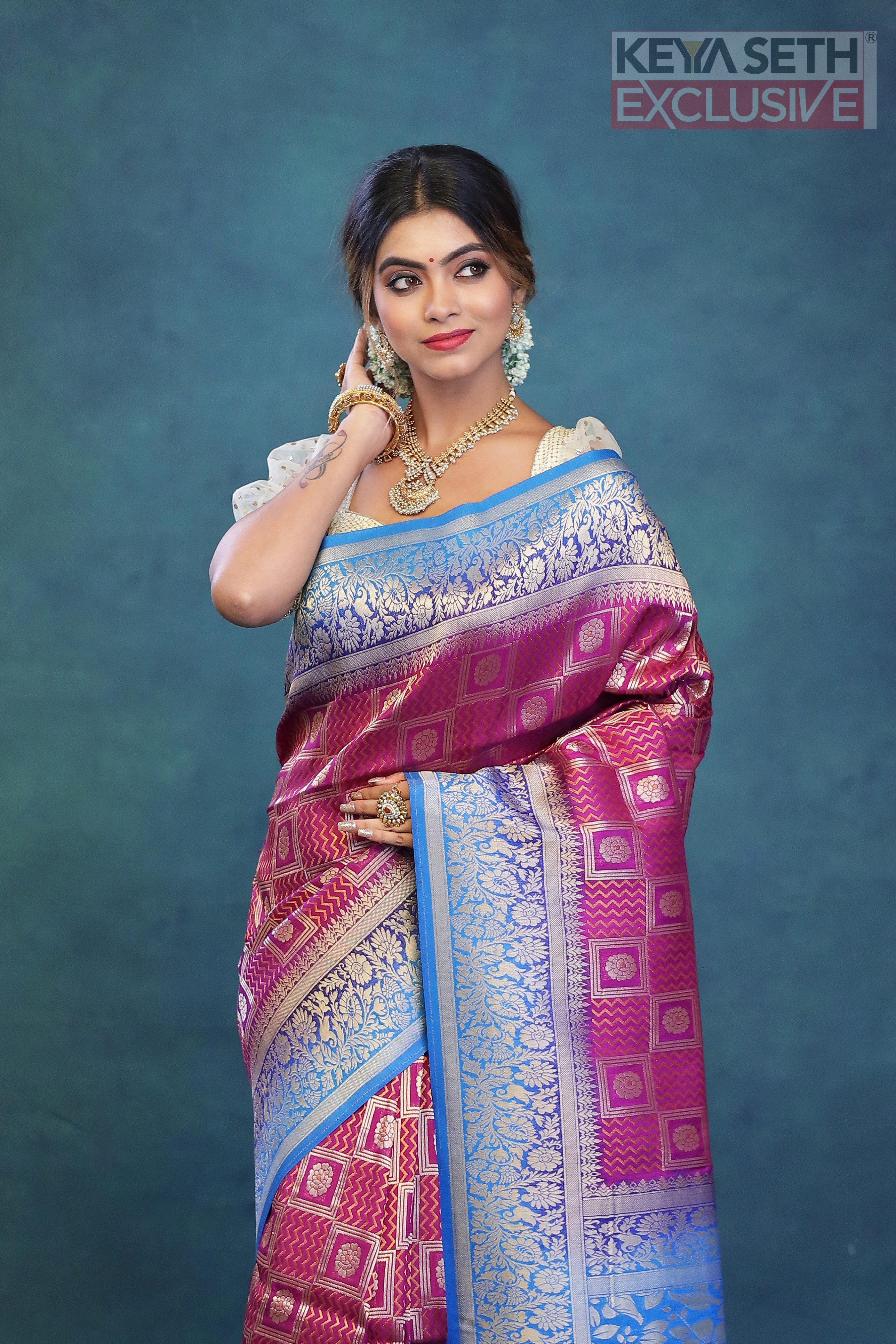 Magenta Dupion Silk Saree with Blue Border - Keya Seth Exclusive