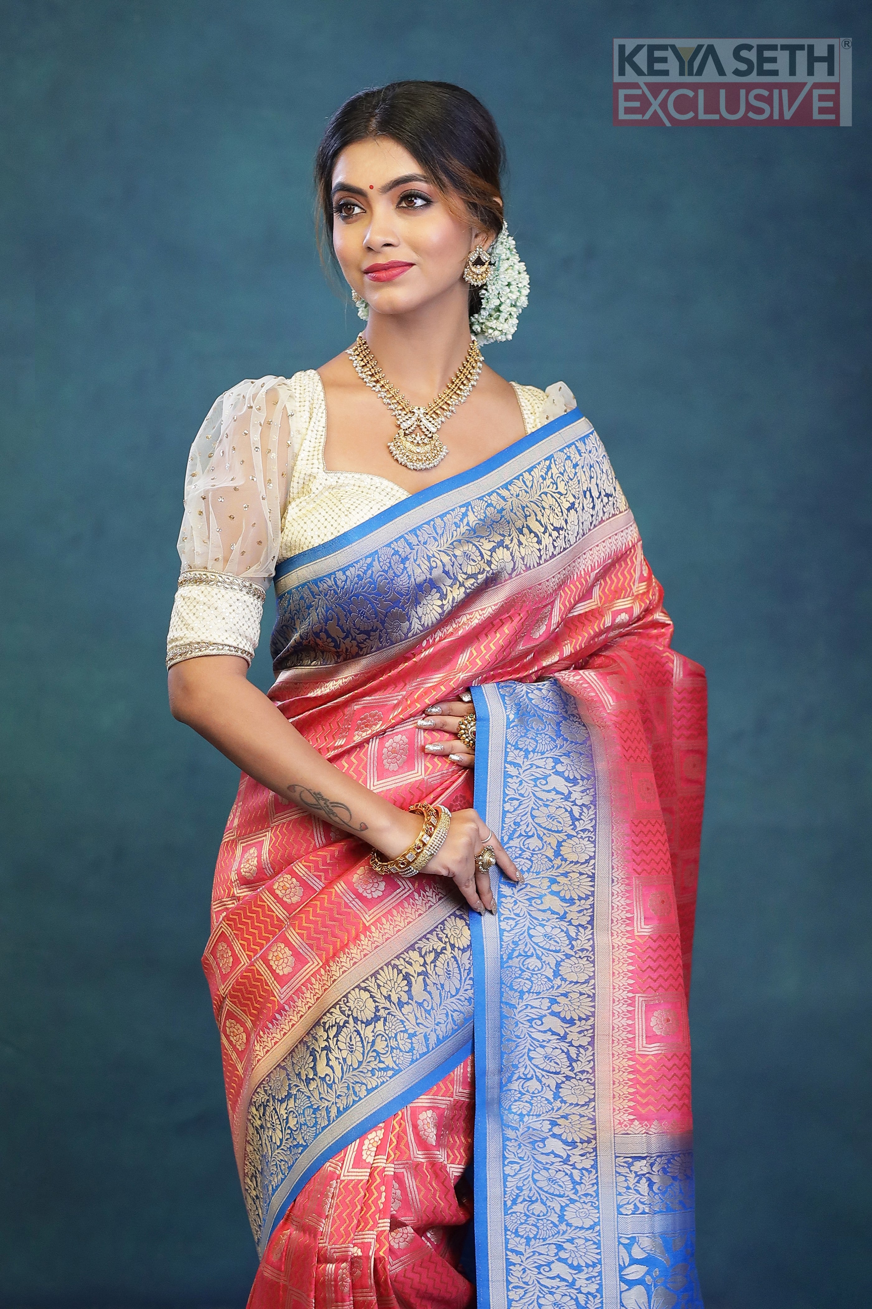 Peach Dupion Silk Saree with Blue Border - Keya Seth Exclusive