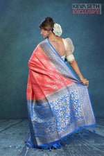 Load image into Gallery viewer, Peach Dupion Silk Saree with Blue Border - Keya Seth Exclusive
