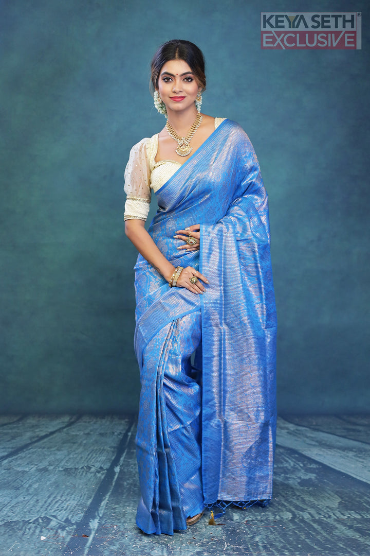 Blue Dola Silk Saree with Golden Zari - Keya Seth Exclusive