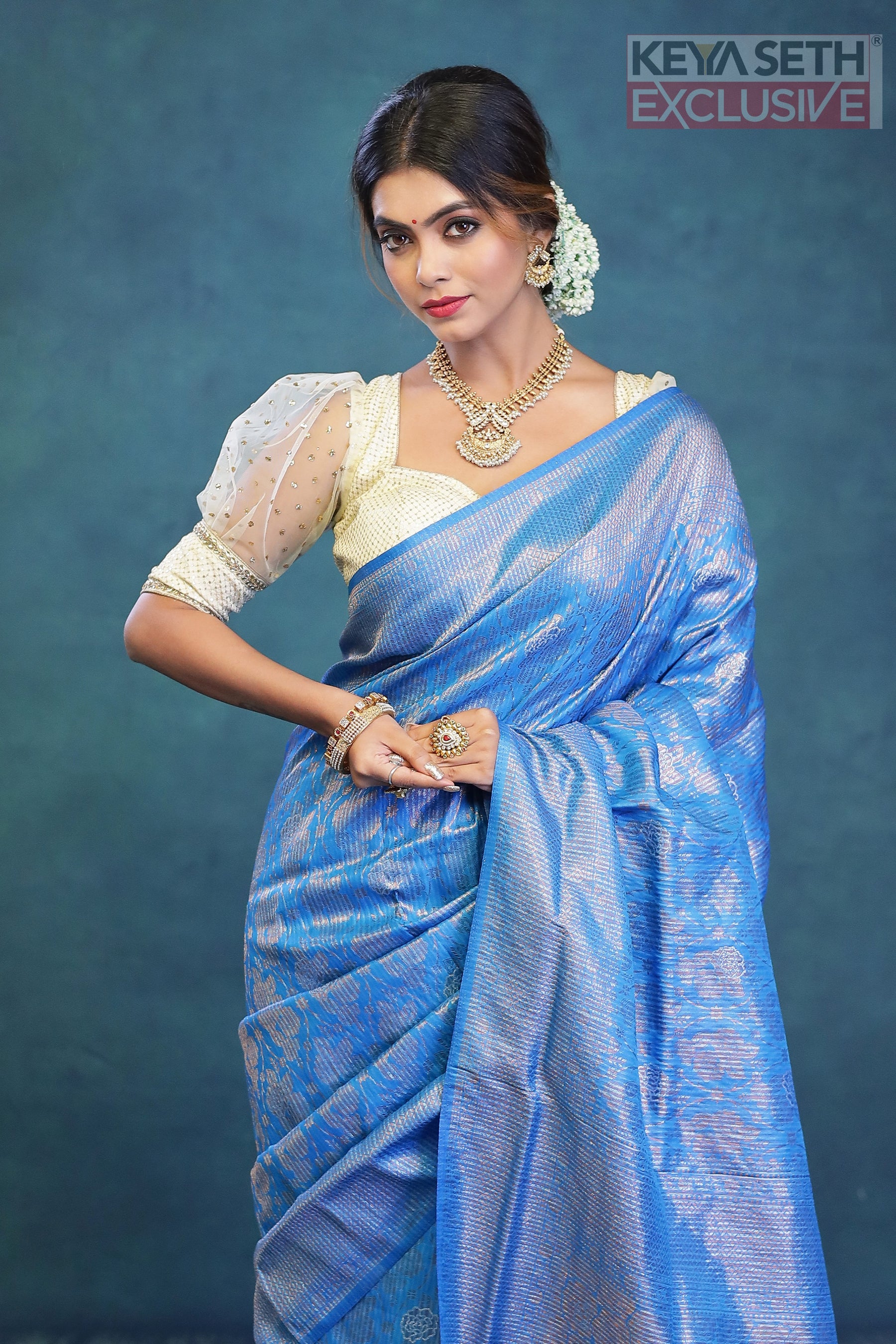 Blue Dola Silk Saree with Golden Zari - Keya Seth Exclusive