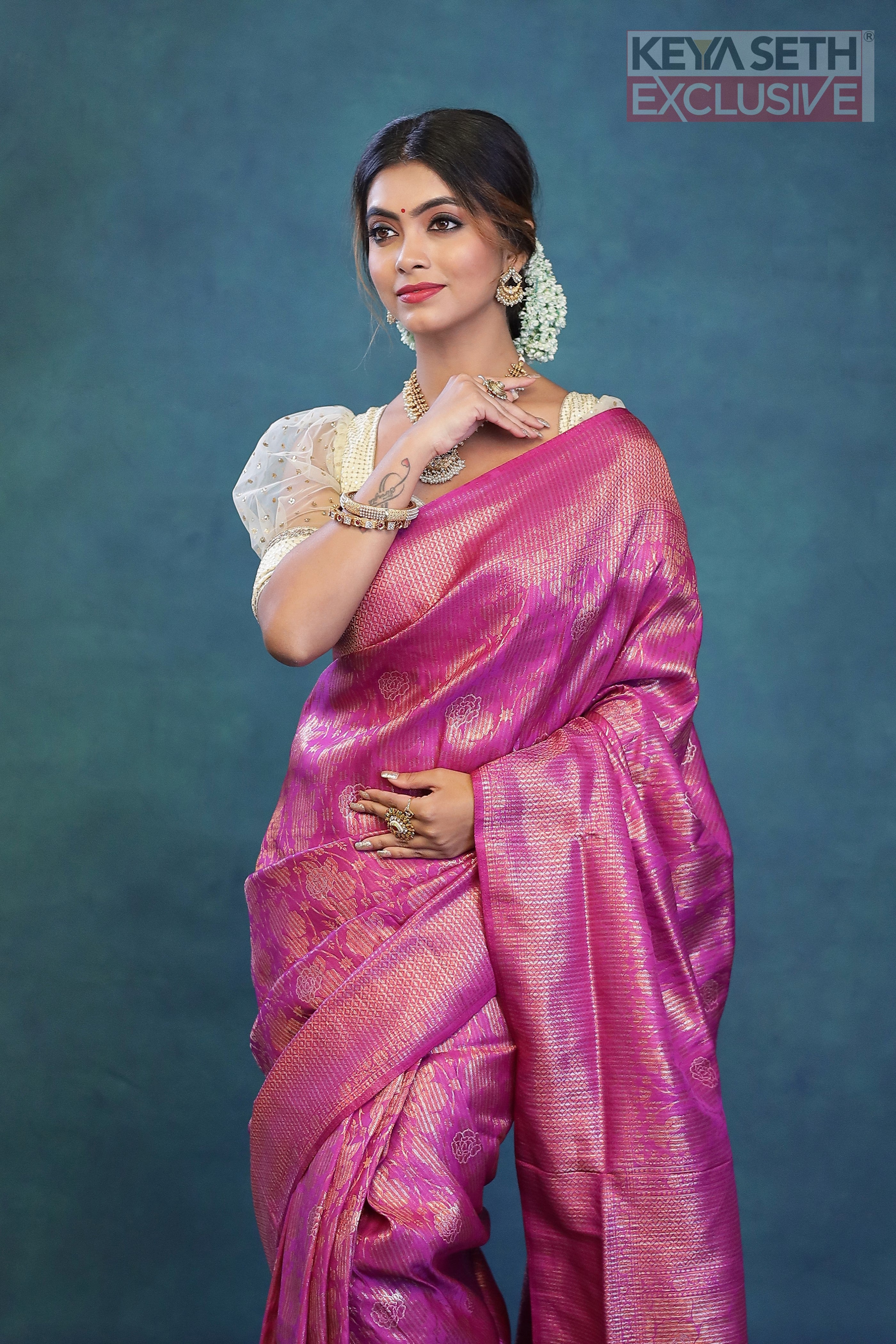 Magenta Dola Silk Saree with Golden Zari - Keya Seth Exclusive