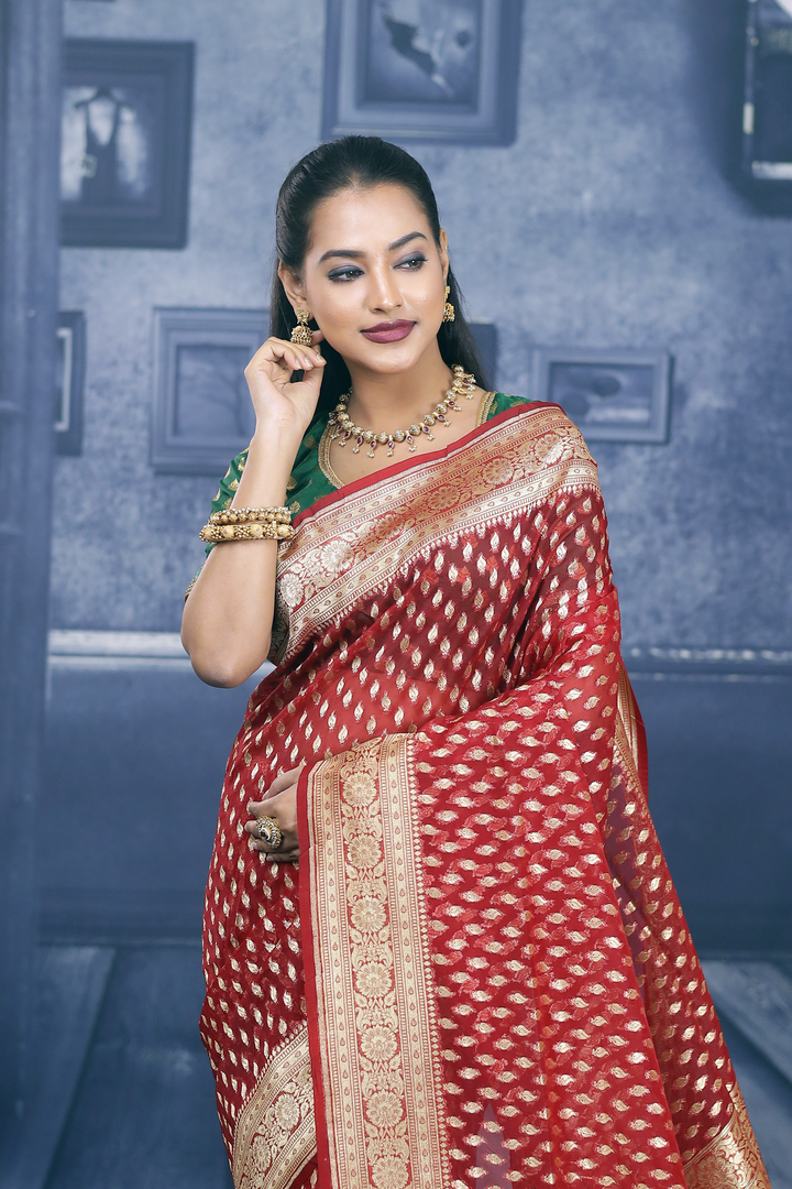 Red Soft Tissue Saree with Butta Work - Keya Seth Exclusive