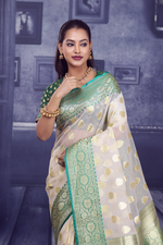 Load image into Gallery viewer, Off-white with Green Border Tissue Saree - Keya Seth Exclusive
