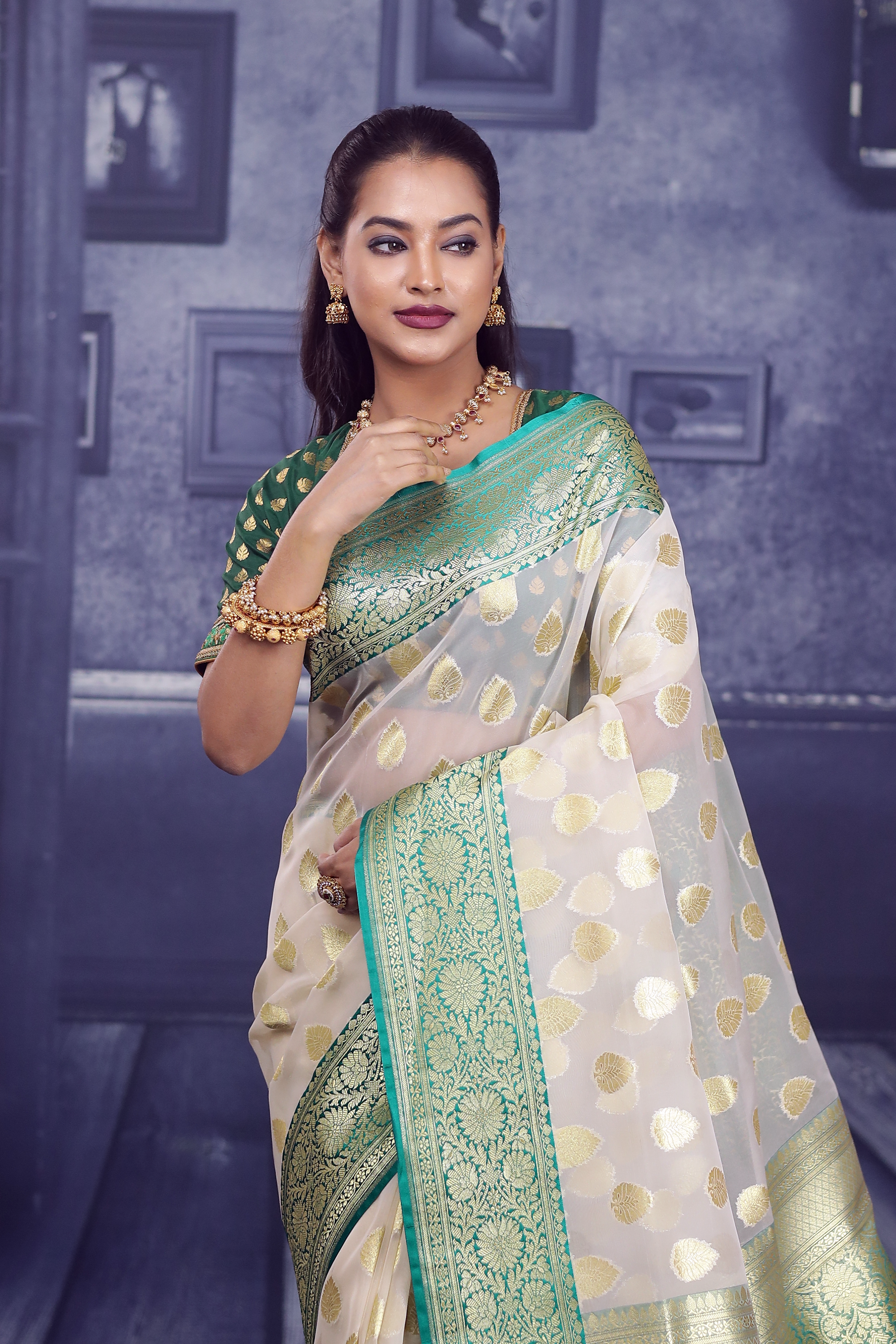 Off-white with Green Border Tissue Saree - Keya Seth Exclusive