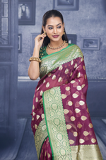 Load image into Gallery viewer, Wine with Green Border Tissue Saree - Keya Seth Exclusive
