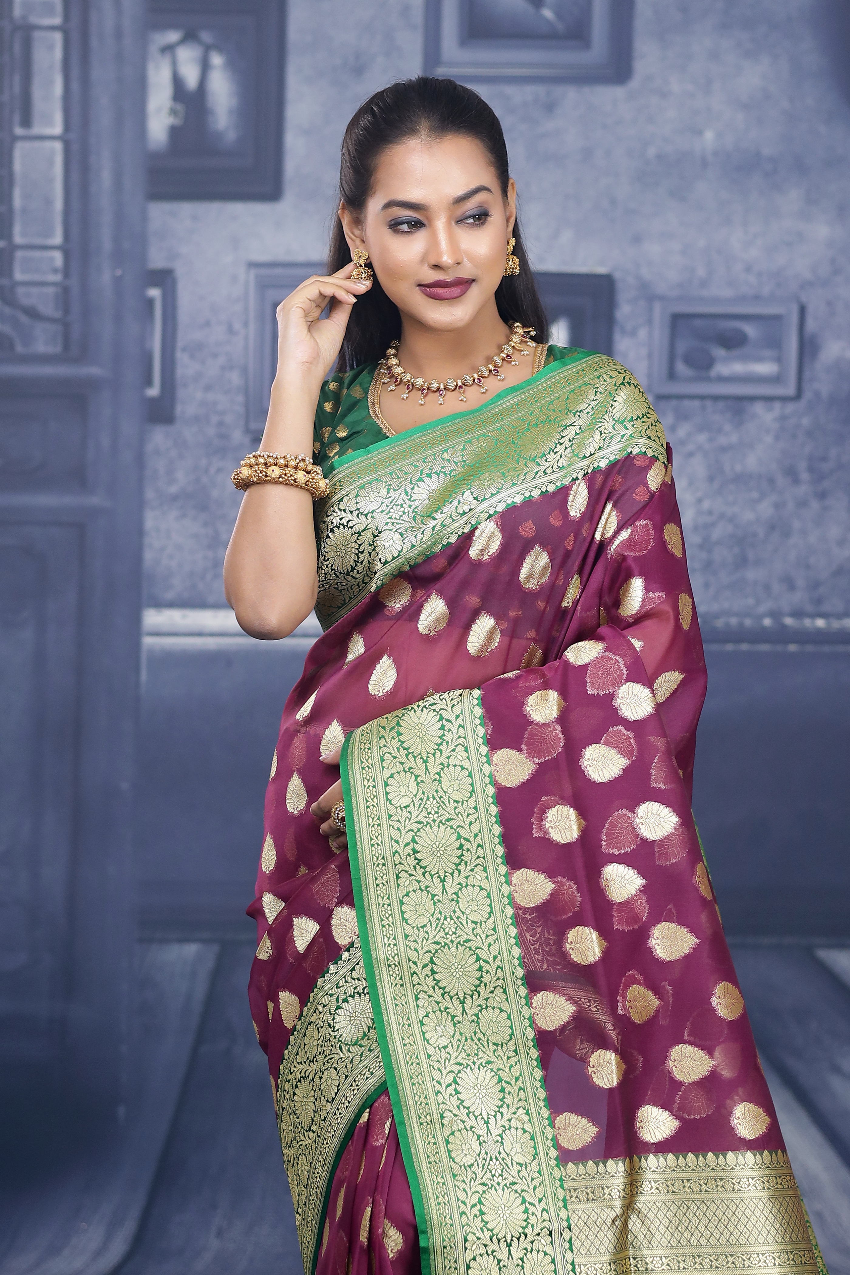 Wine with Green Border Tissue Saree - Keya Seth Exclusive