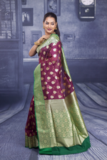 Load image into Gallery viewer, Wine with Green Border Tissue Saree - Keya Seth Exclusive
