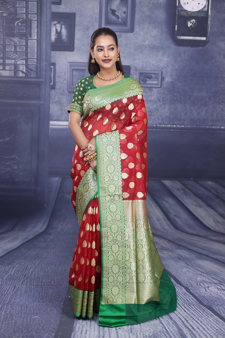 Red with Green Border Tissue Saree - Keya Seth Exclusive