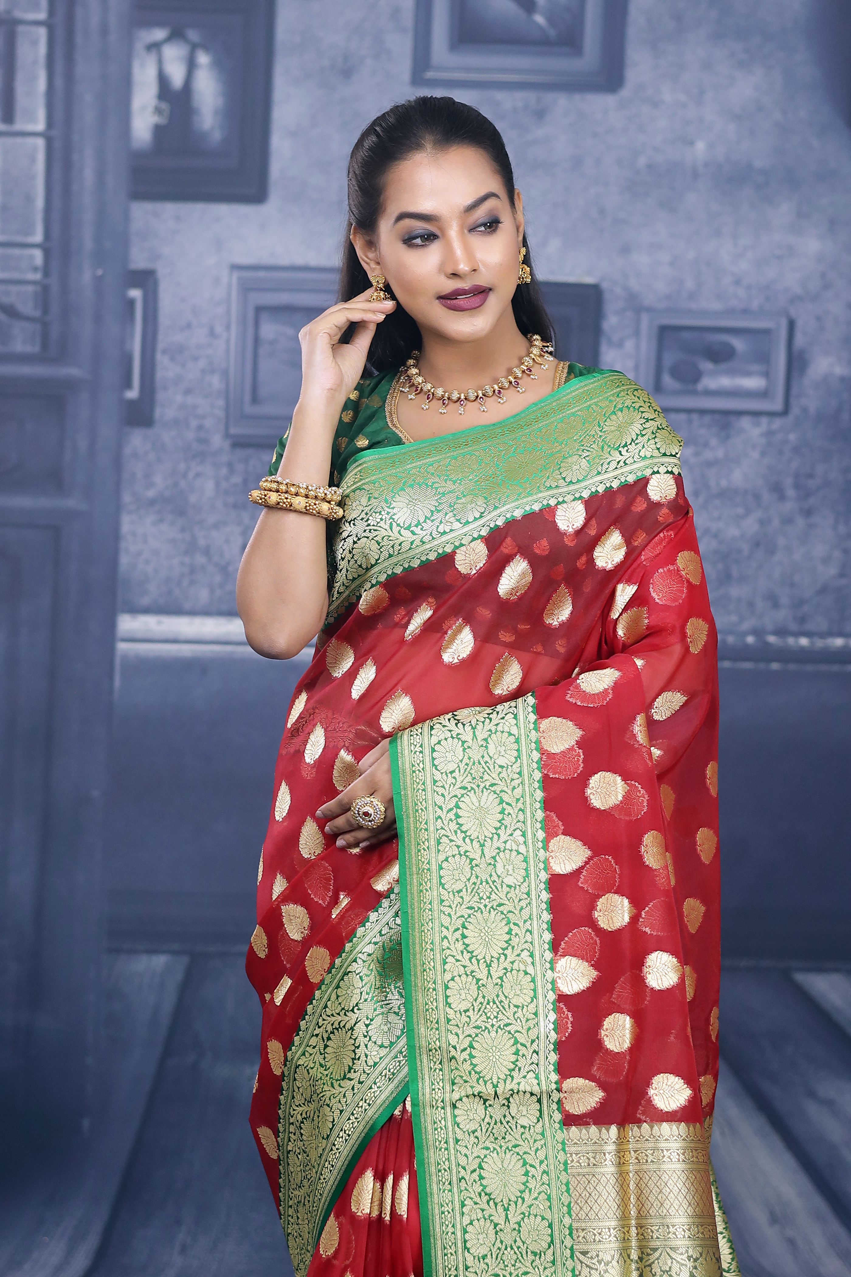 Red with Green Border Tissue Saree - Keya Seth Exclusive