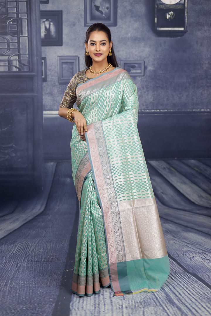 Sea Green Soft Tissue Saree with Double Borders - Keya Seth Exclusive