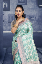Load image into Gallery viewer, Sea Green Soft Tissue Saree with Double Borders - Keya Seth Exclusive
