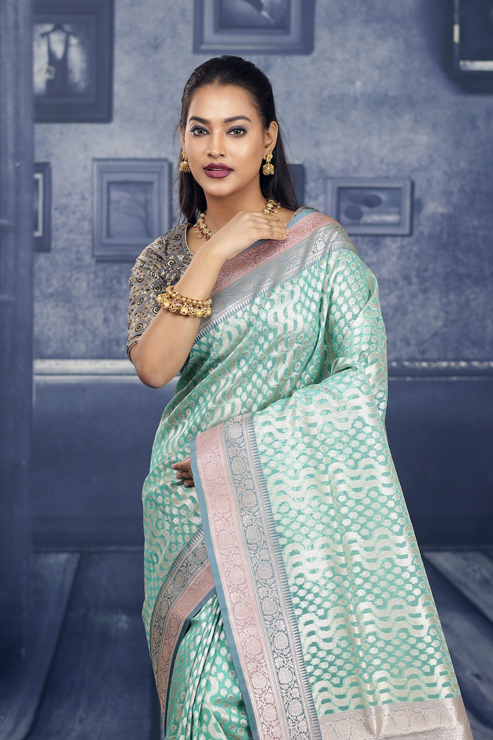 Sea Green Soft Tissue Saree with Double Borders - Keya Seth Exclusive