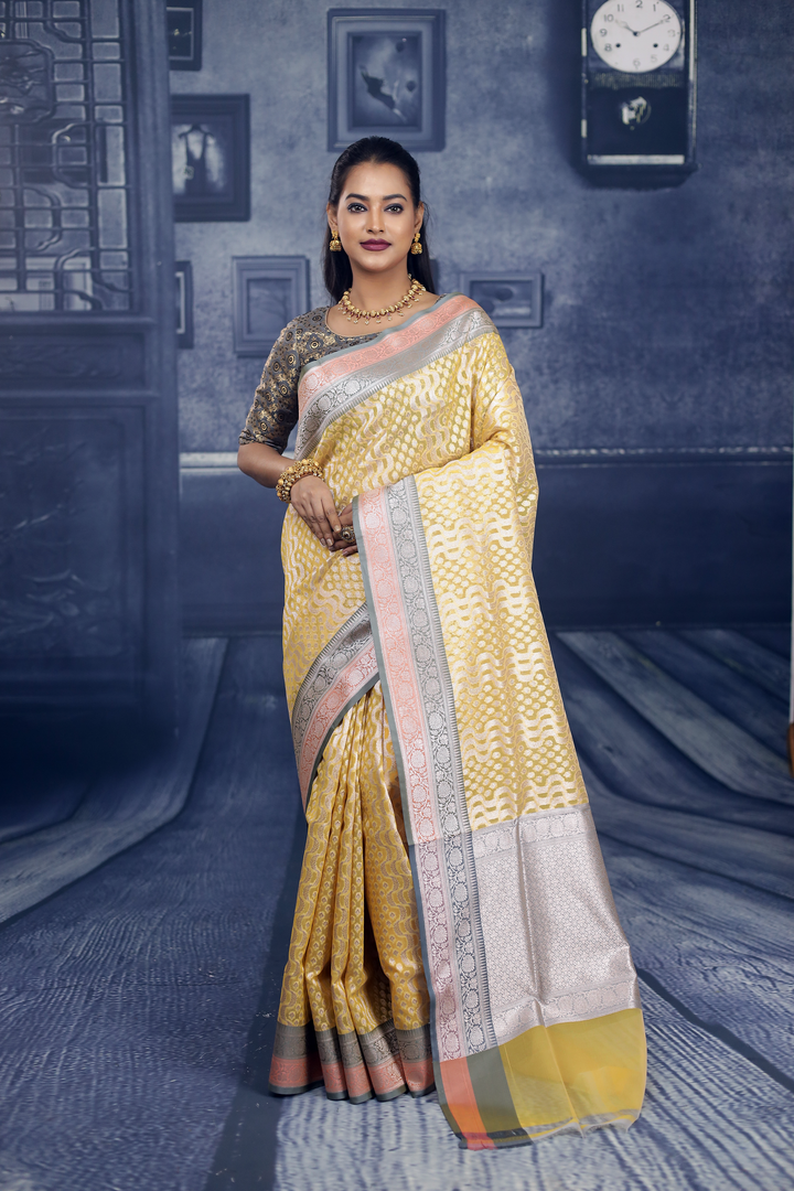 Yellow Soft Tissue Saree with Double Borders - Keya Seth Exclusive