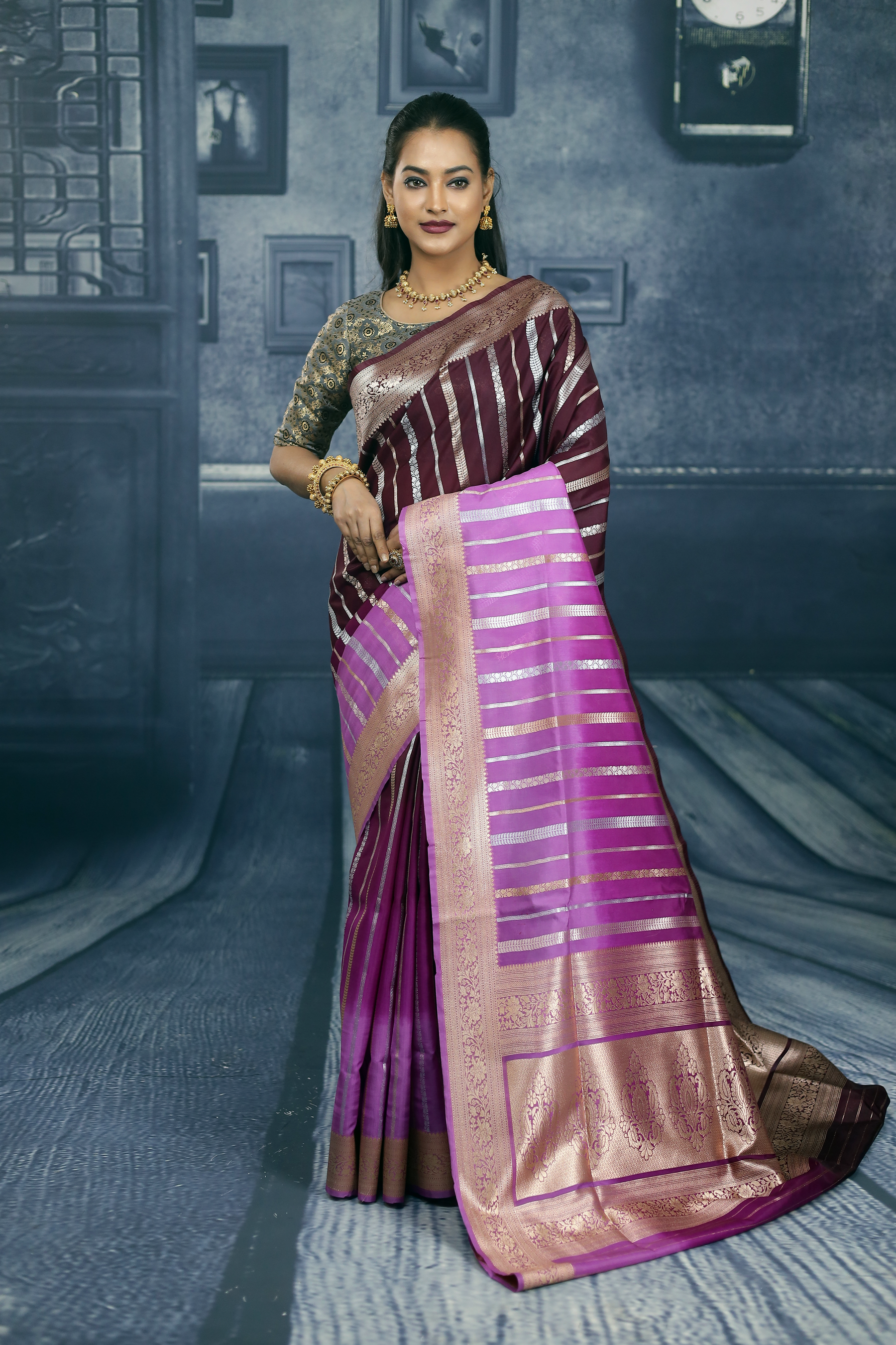 Magenta and Lavender Semi Katan Silk Saree - Keya Seth Exclusive