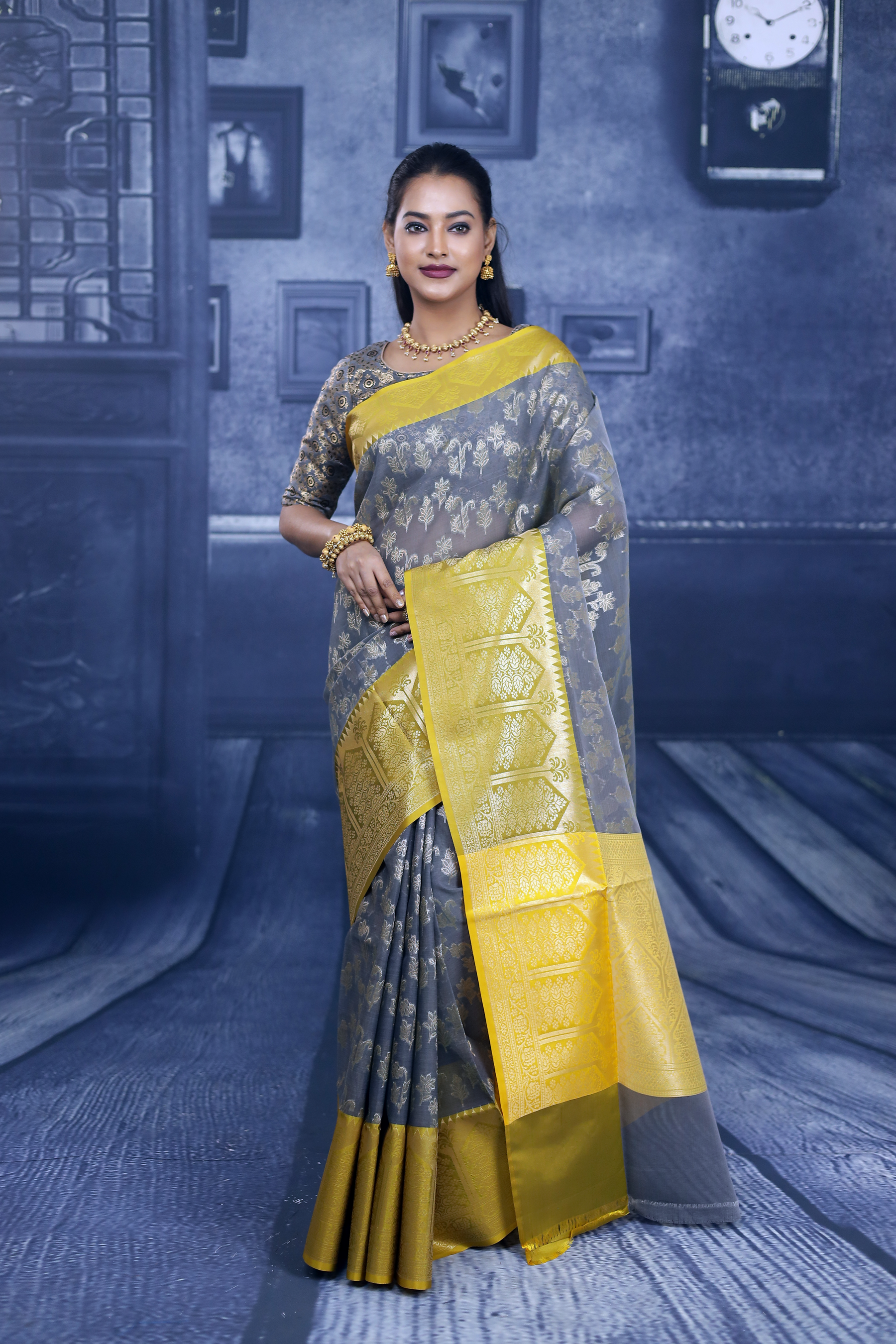 Grey and Yellow Soft Tissue Saree - Keya Seth Exclusive