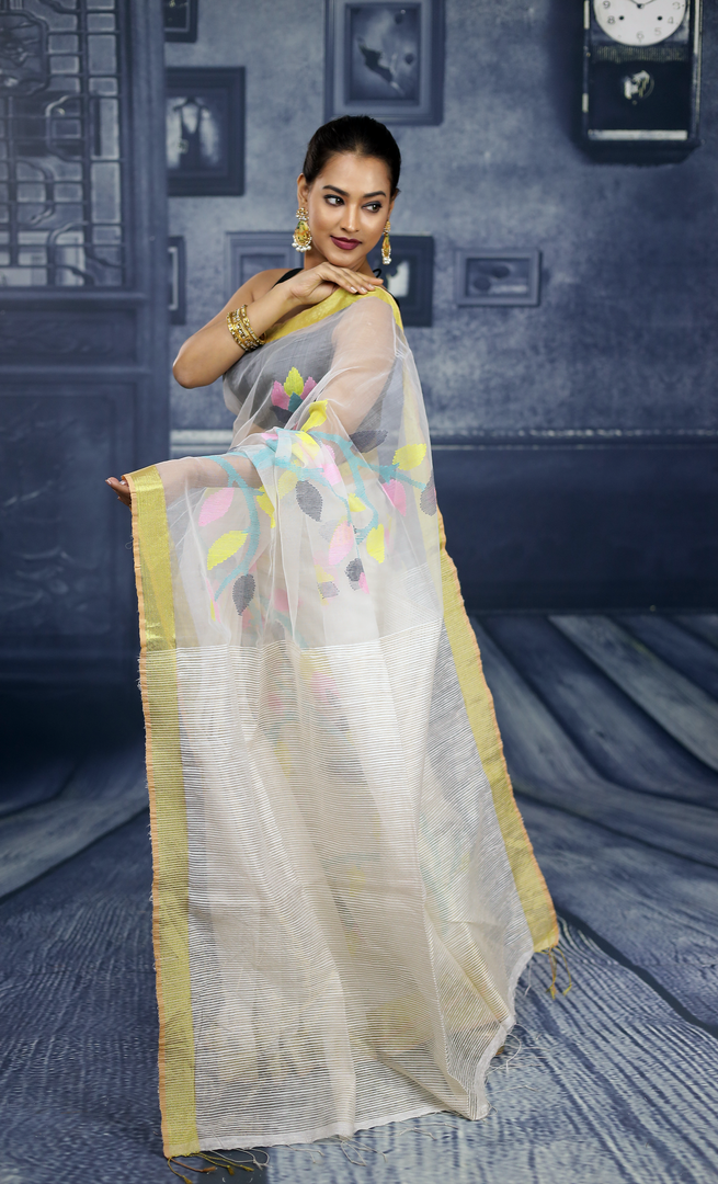 Off-white Floral Handloom Saree - Keya Seth Exclusive